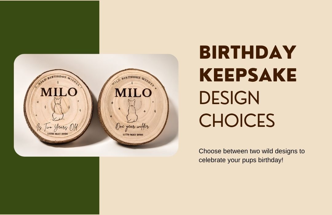 Two wooden pet birthday plaques with engraved text on a green and beige background.