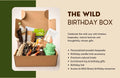 Wild birthday box with products and text on a beige background