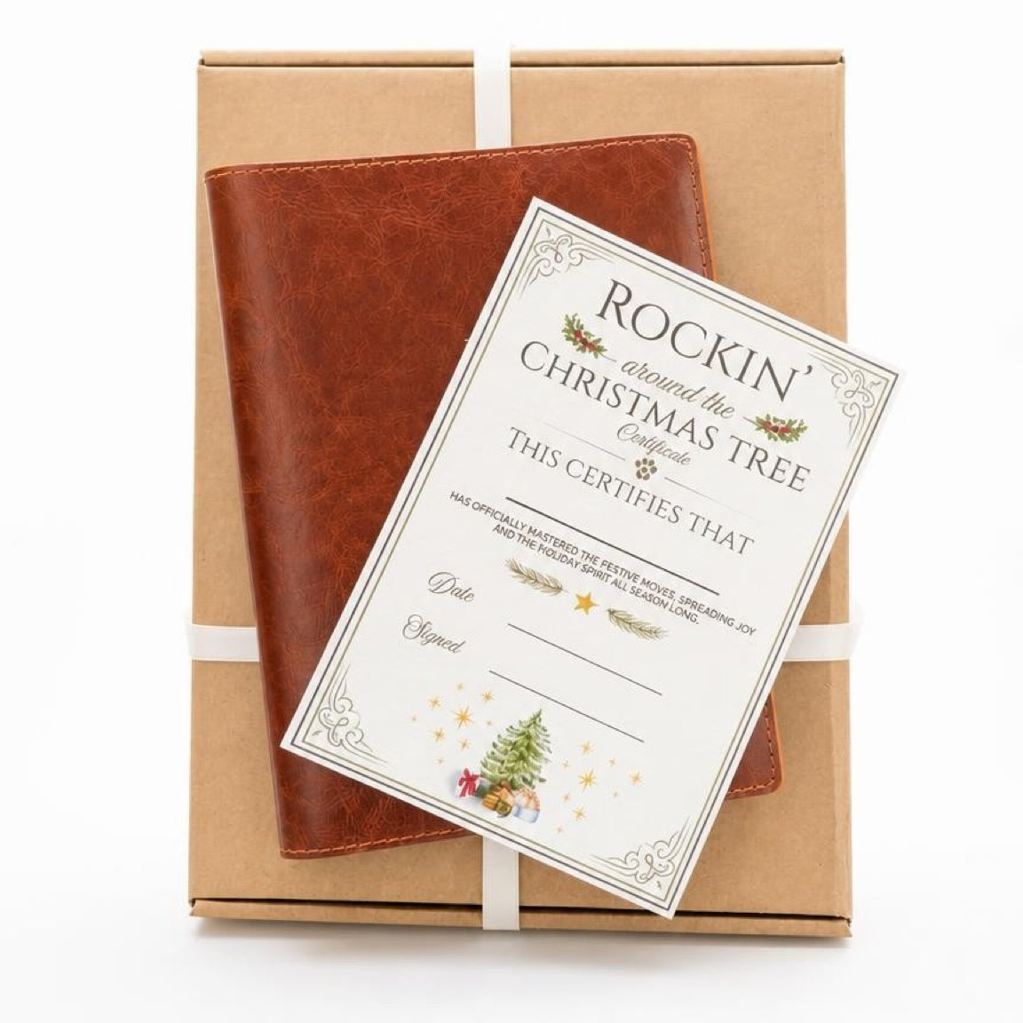 Brown leather notebook with a certificate on a white background