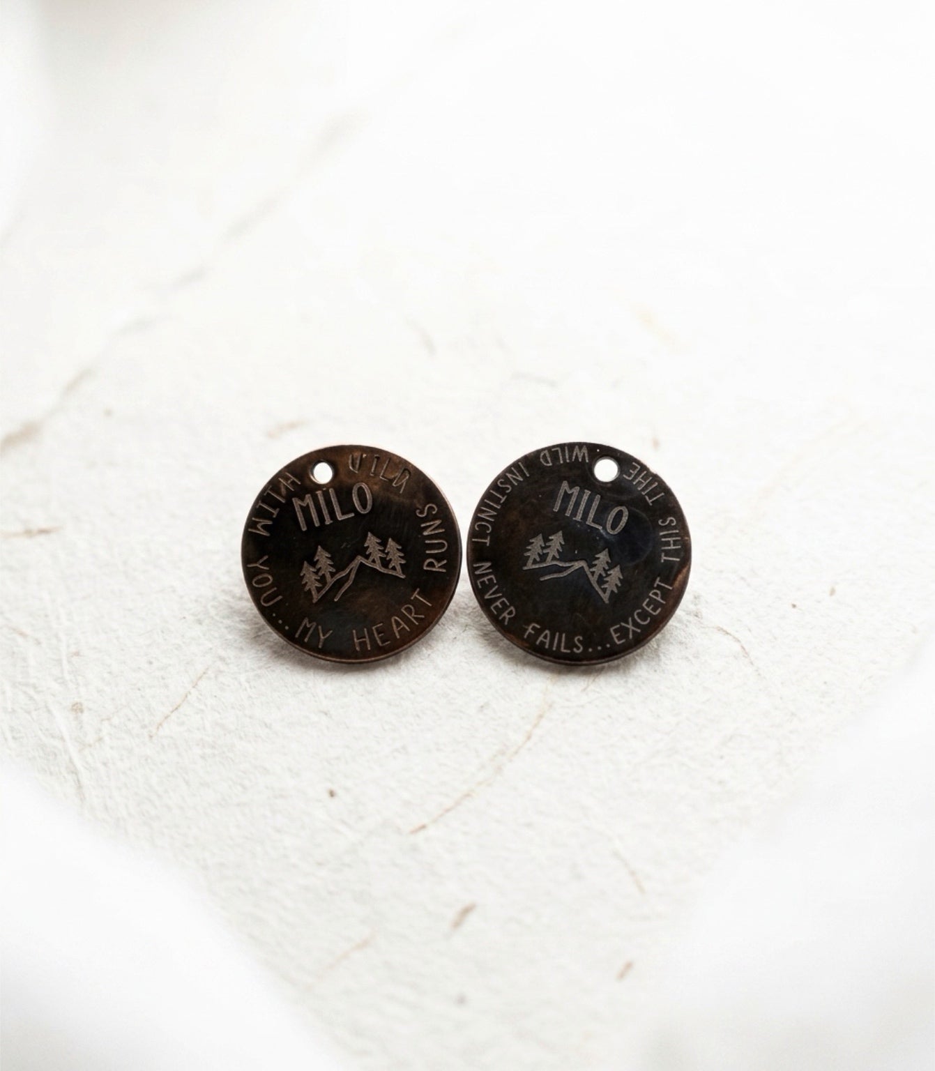 Two black dog tags with engraved text on a white textured background
