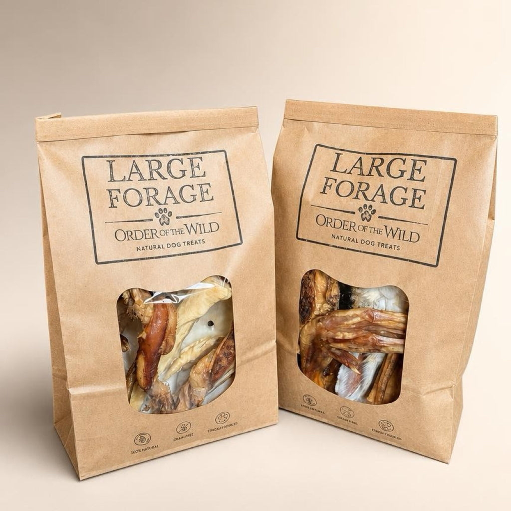 Two packages of 'Large Forage' natural dog treats on a beige background.