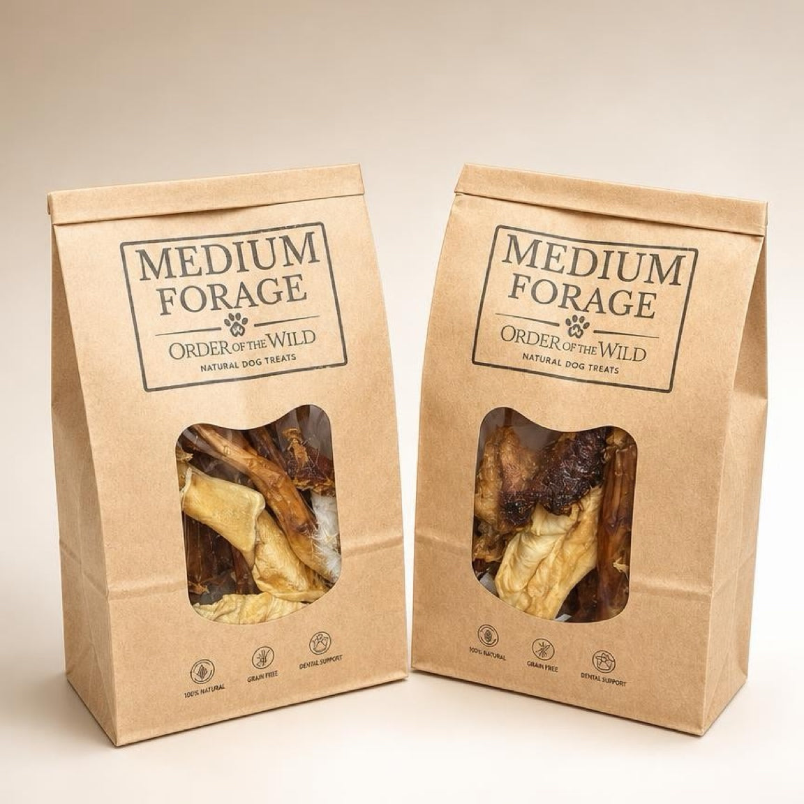 Two packages of 'Medium Forage' by 'Order of the Wild' on a beige background.