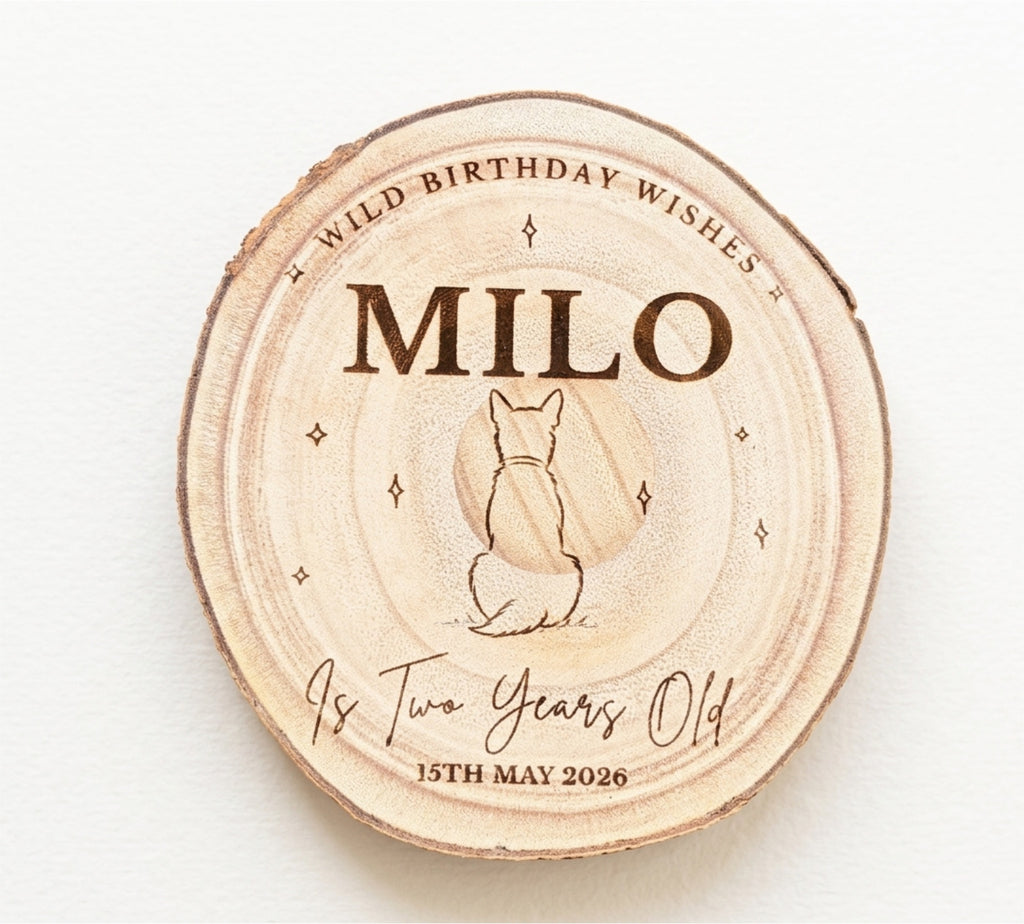 Wooden round plaque with engraved text and a dog illustration, celebrating 'Wild Birthday Wishes' for Milo.
