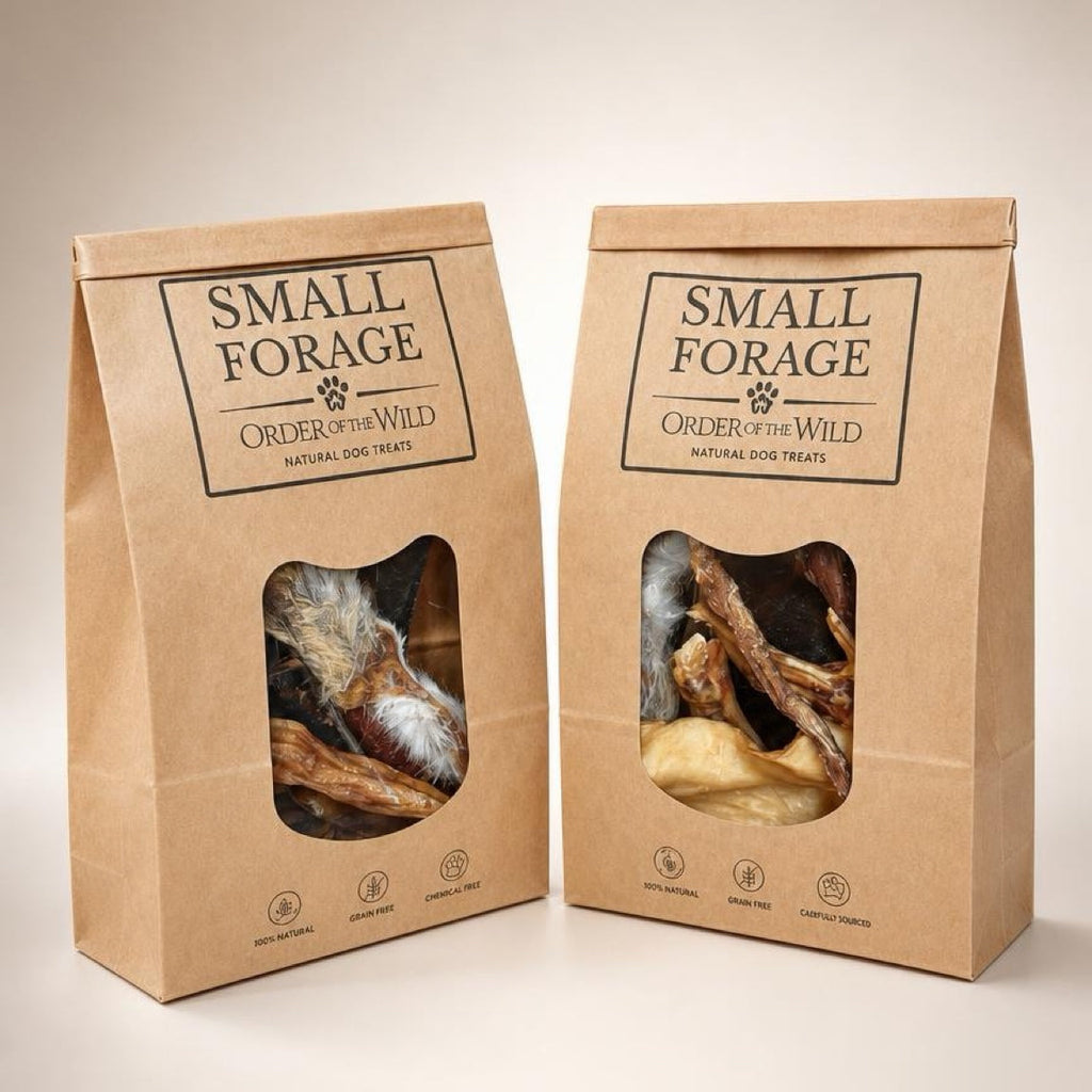 Two brown paper bags with 'Small Forage' order of the wild treat bags on a beige background.