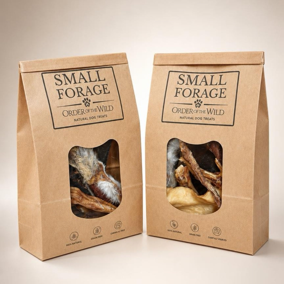 Two brown paper bags with 'Small Forage' order of the wild treat bags on a beige background.