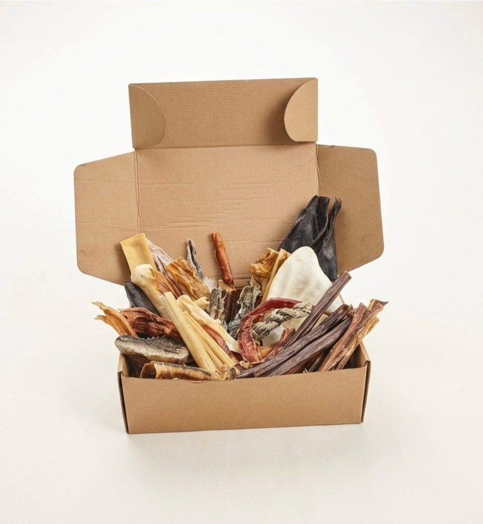 Open cardboard box filled with various dog treats on a white background